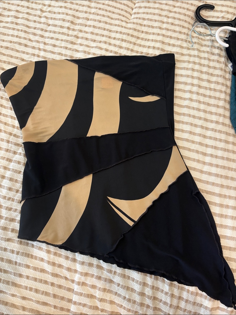 Vintage ESTAM Asymmetric Strapless Black Top with Beige Graphic Panels